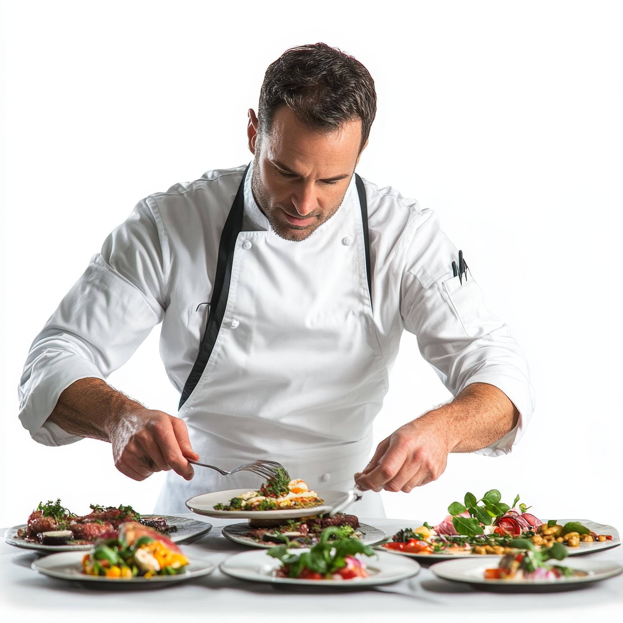 Chef in una cucina elegante che prepara un piatto tradizionale